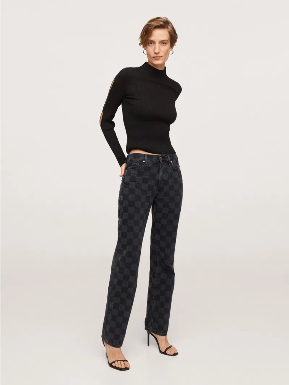 Mango straight leg jeans with check print in black